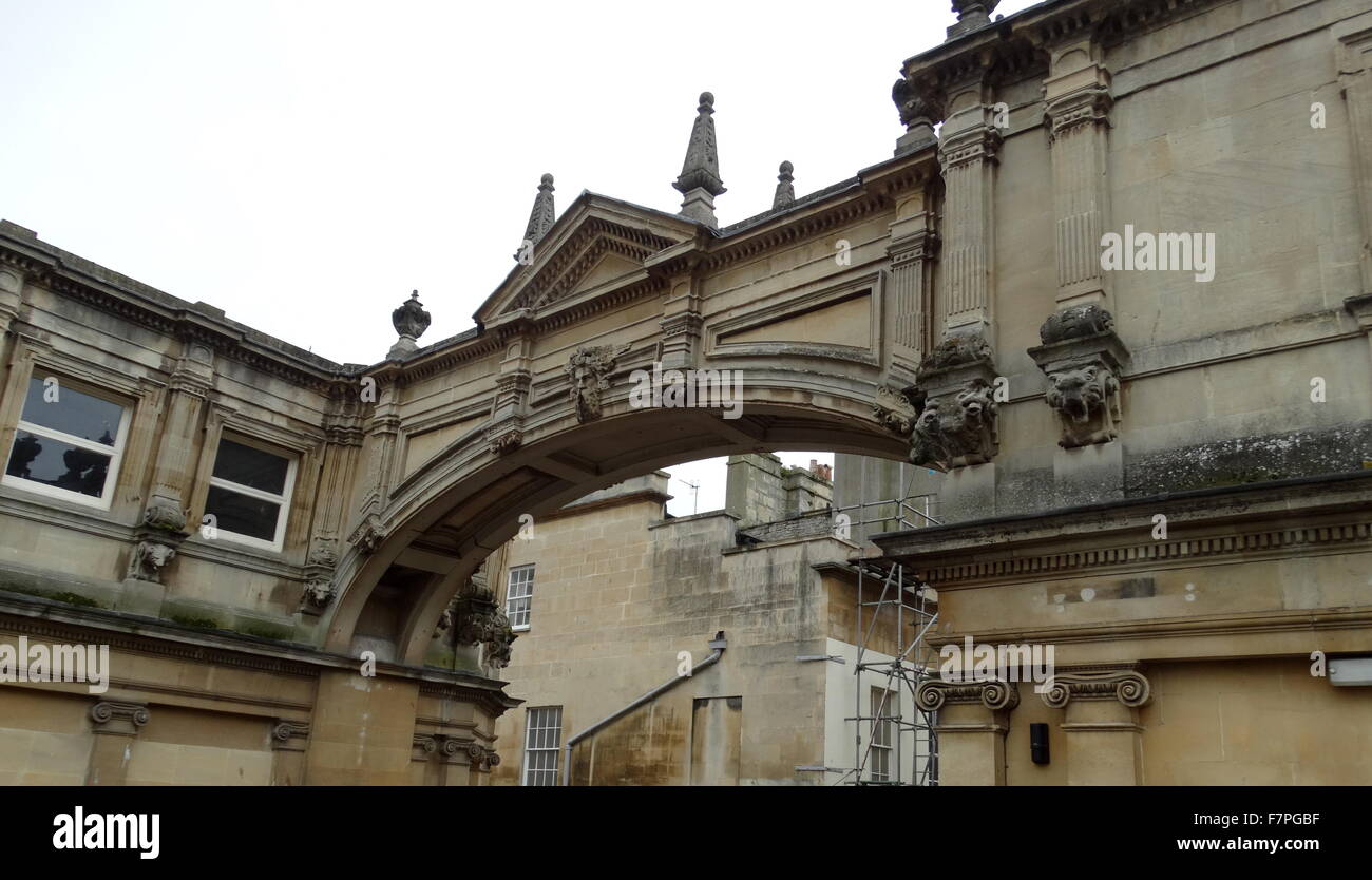 Archway attached to the Roman Baths in Bath, Somerset, England date from 60-70 AD and the bathing complex was gradually built up over the next 300 years Stock Photo