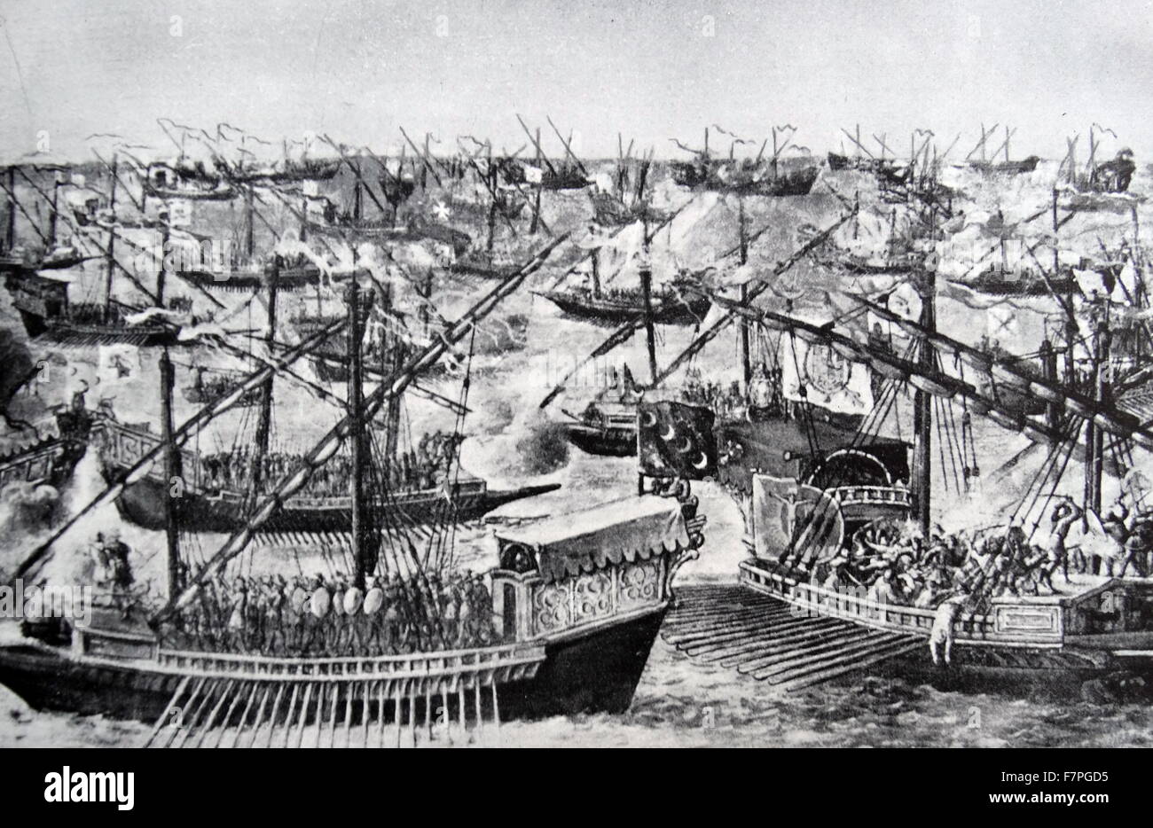 The Battle of Lepanto took place on 7 October 1571 when a fleet of the Holy League, a coalition of European Catholic maritime states arranged by Pope Pius V, decisively defeated the fleet of the Ottoman Empire on the northern edge of the Gulf of Corinth, off western Greece Stock Photo