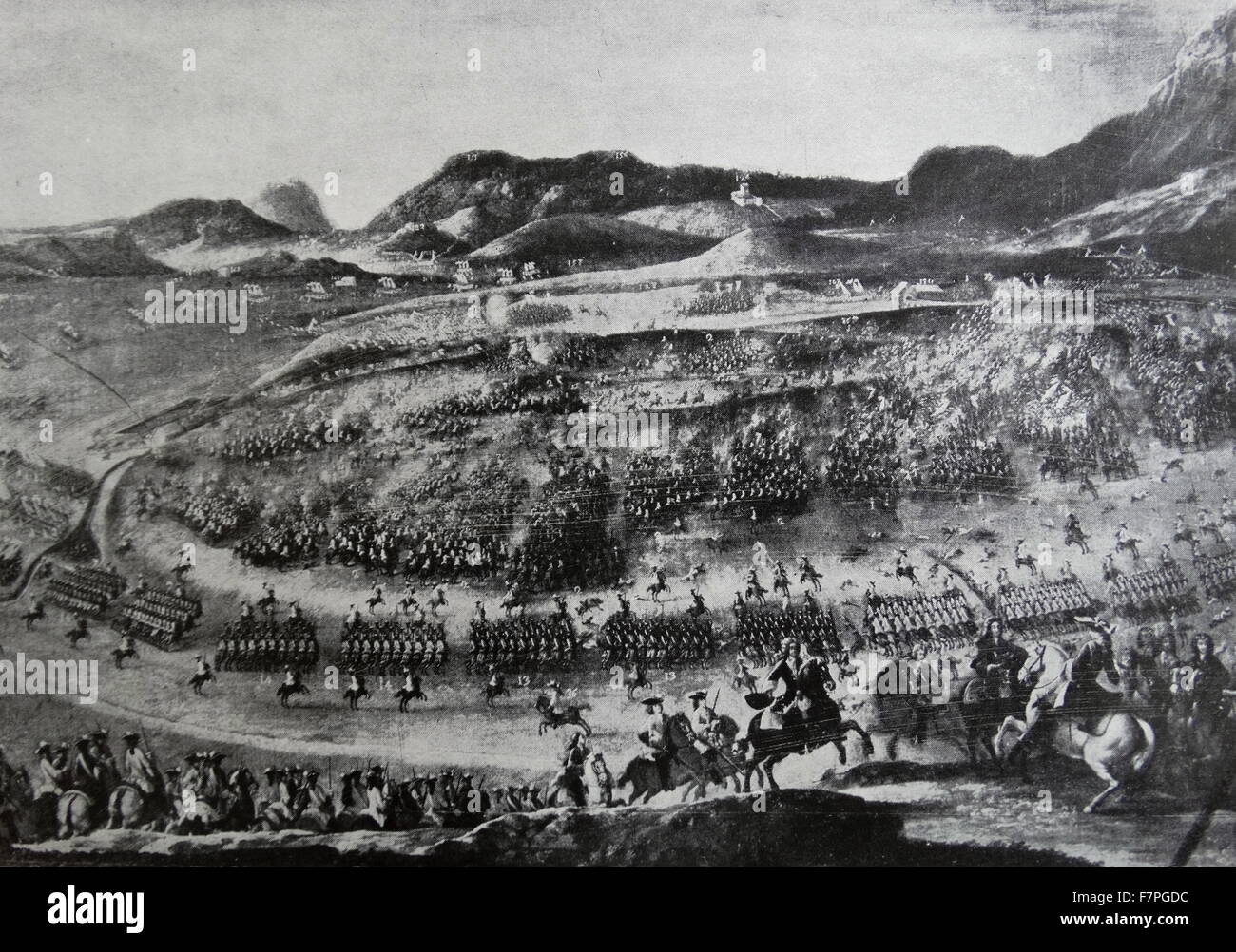 Engraving depicting the Battle of Almansa. Dated 18th Century Stock Photo
