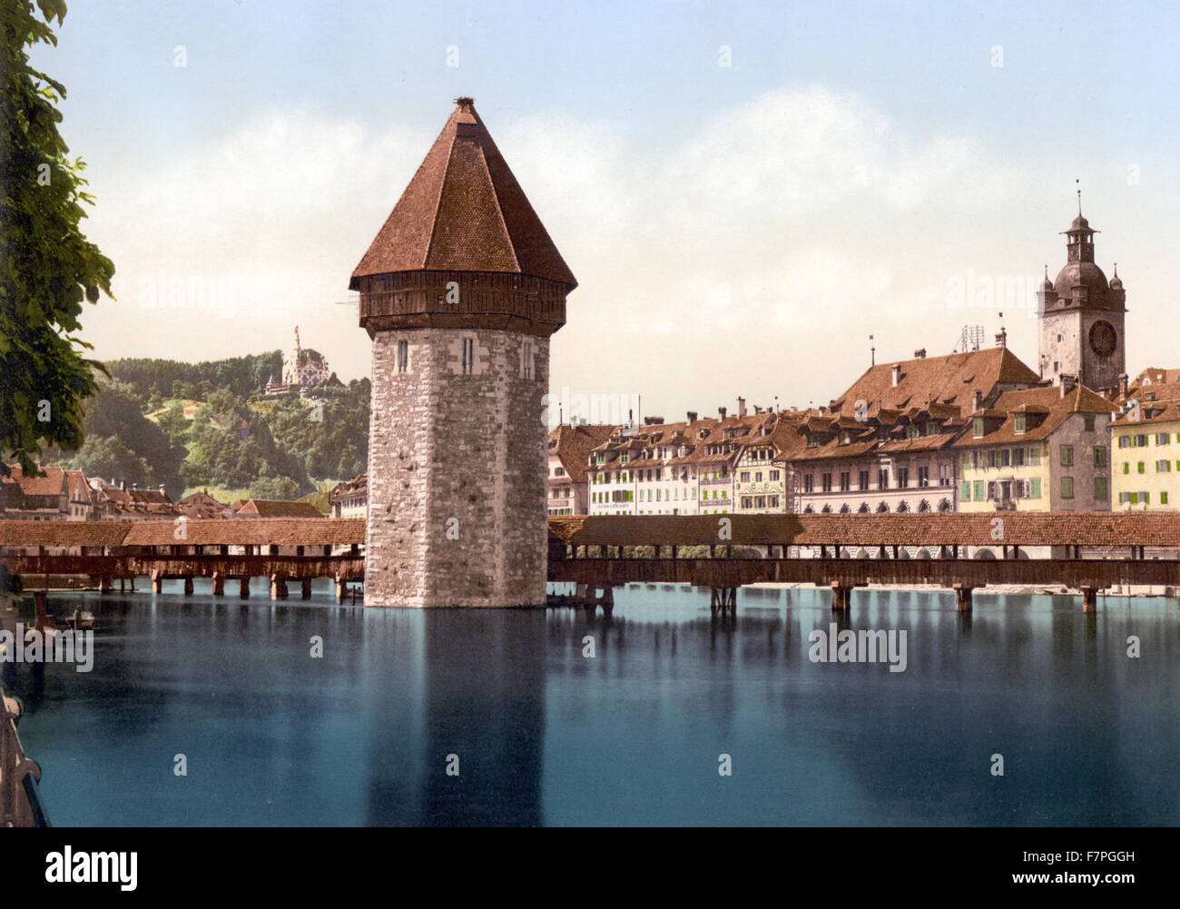 Photomechanical print of the Chapel Bridge and view of Pilatus, Lucerne, Switzerland. Dated 1890 Stock Photo