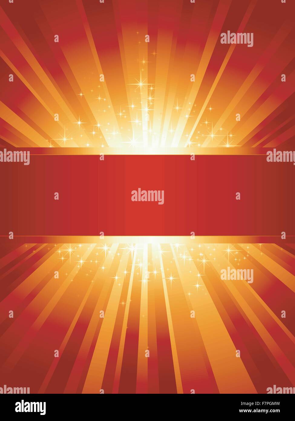 Vertical red golden light burst with stars and copyspace Stock Vector