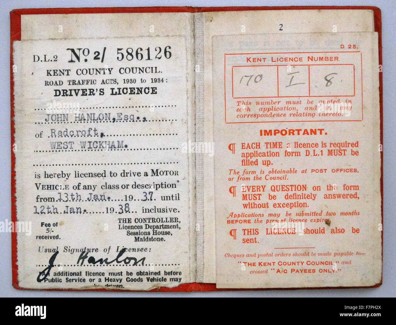 Drivers licence produced by the controller, Licences Department, Sessions House, Maldstone. Dated 1938 Stock Photo