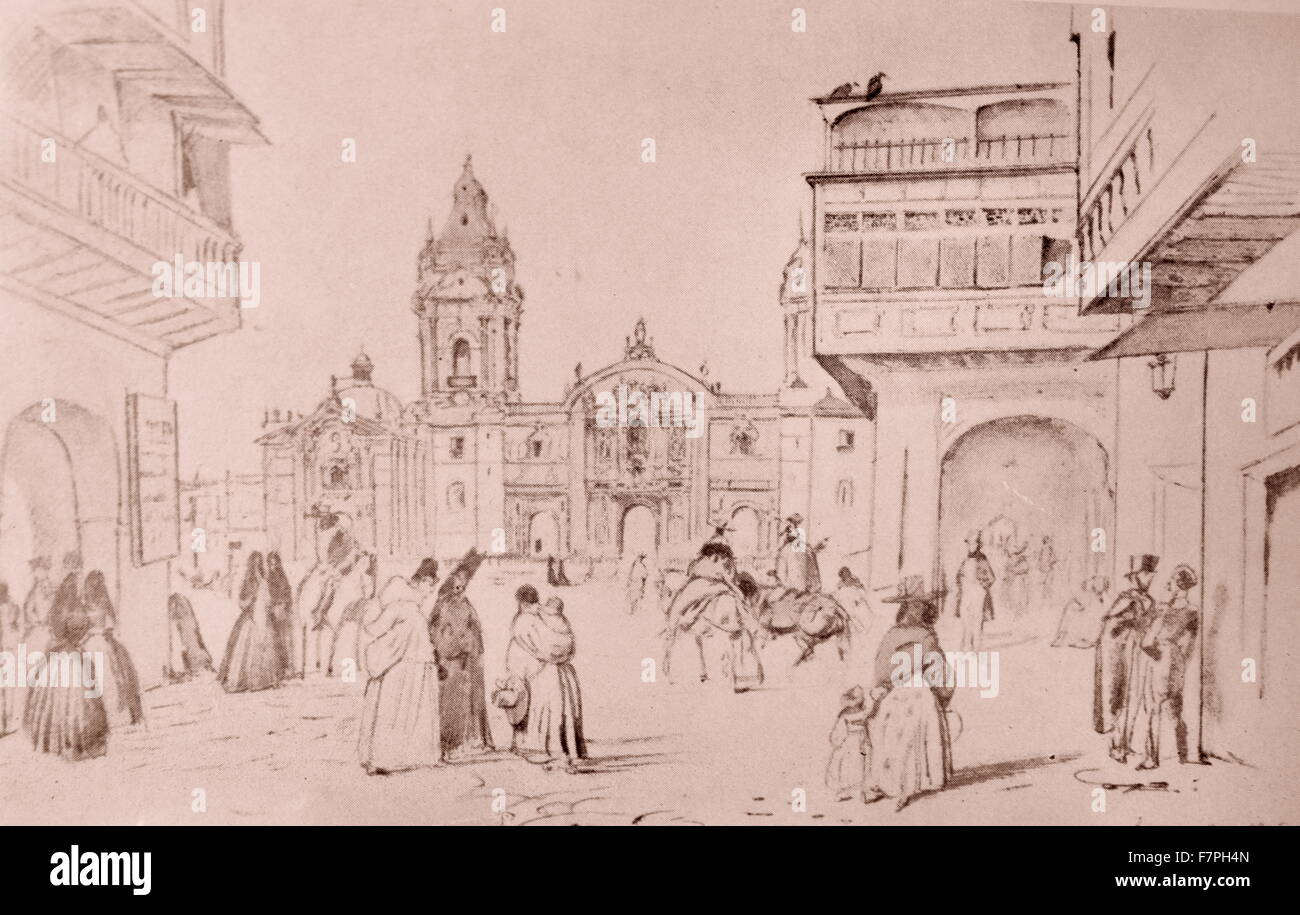 Sketch depicting Mayor Plaza in the Colonial Lima by Johann Moritz Rugendas (1802-1858) German painter. Dated 19th Century Stock Photo