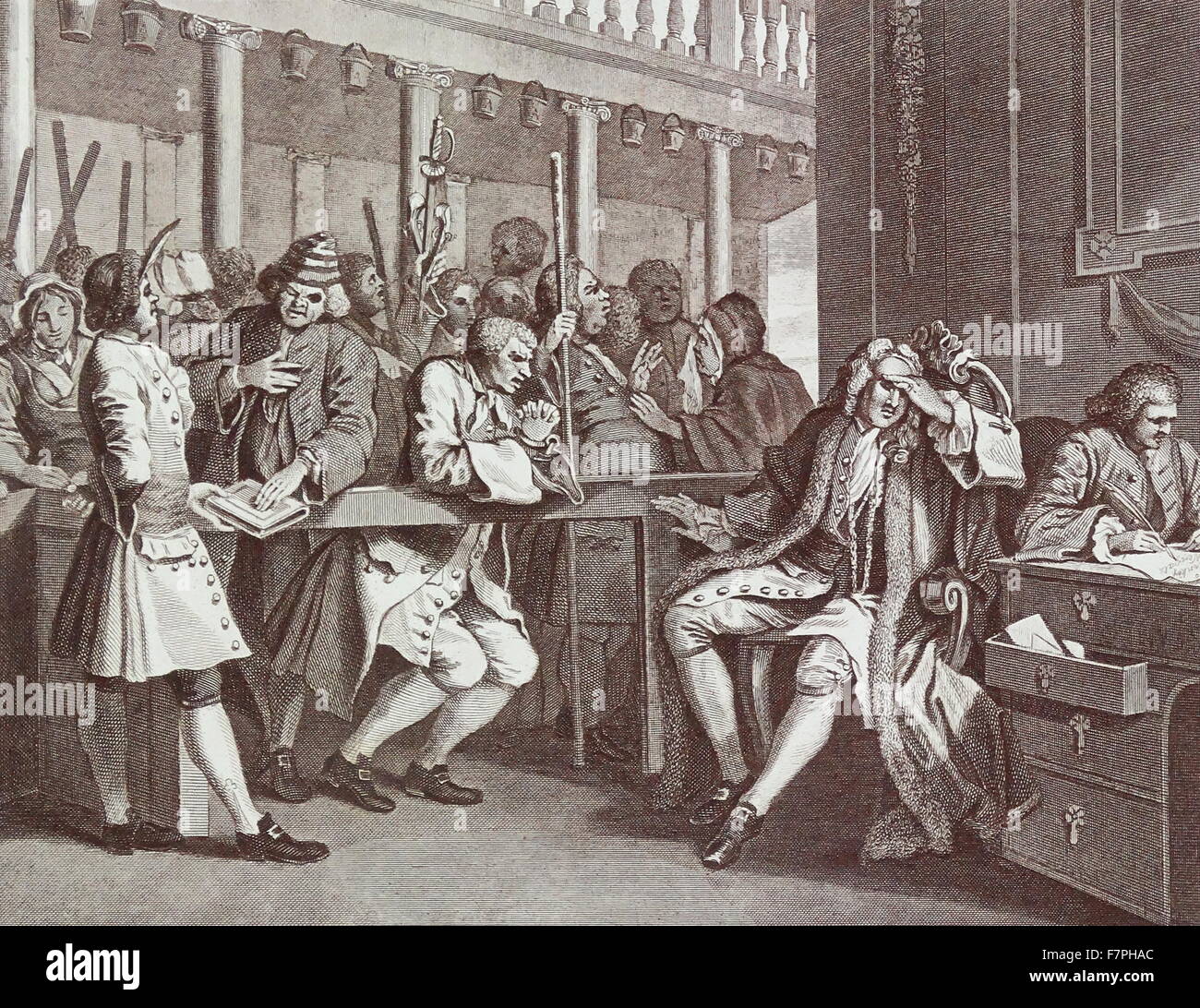 Engraving titled 'Industry and Idleness' by William Hogarth (1697-1764) English painter, printmaker, pictorial satirist, social critic, and editorial cartoonist who has been credited with pioneering western sequential art. Dated 18th Century. Stock Photo