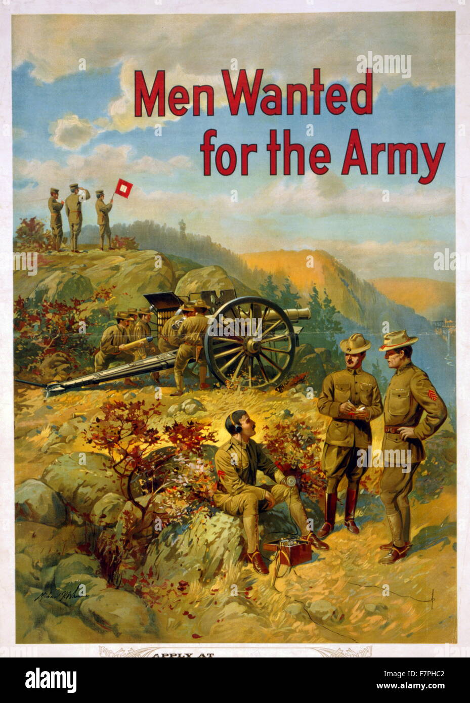 US Army Recruitment poster depicting soldiers and officers sending and receiving information through wireless and signal flags. by Michael P. Whelan. Dated 1915 Stock Photo