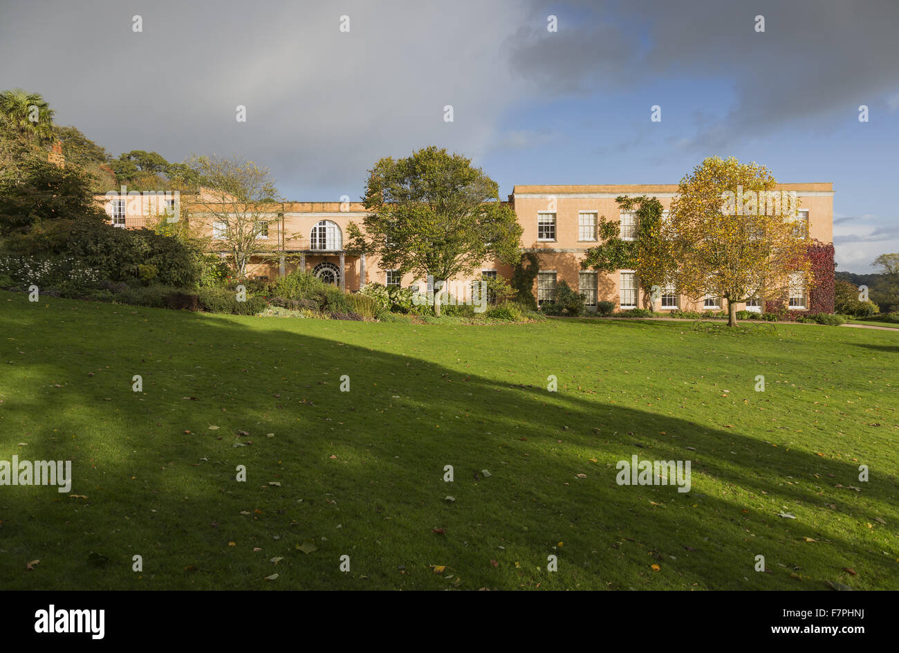 Evening sun on the west front of Killerton House including the restaurant, Devon. Oct 2013. Stock Photo