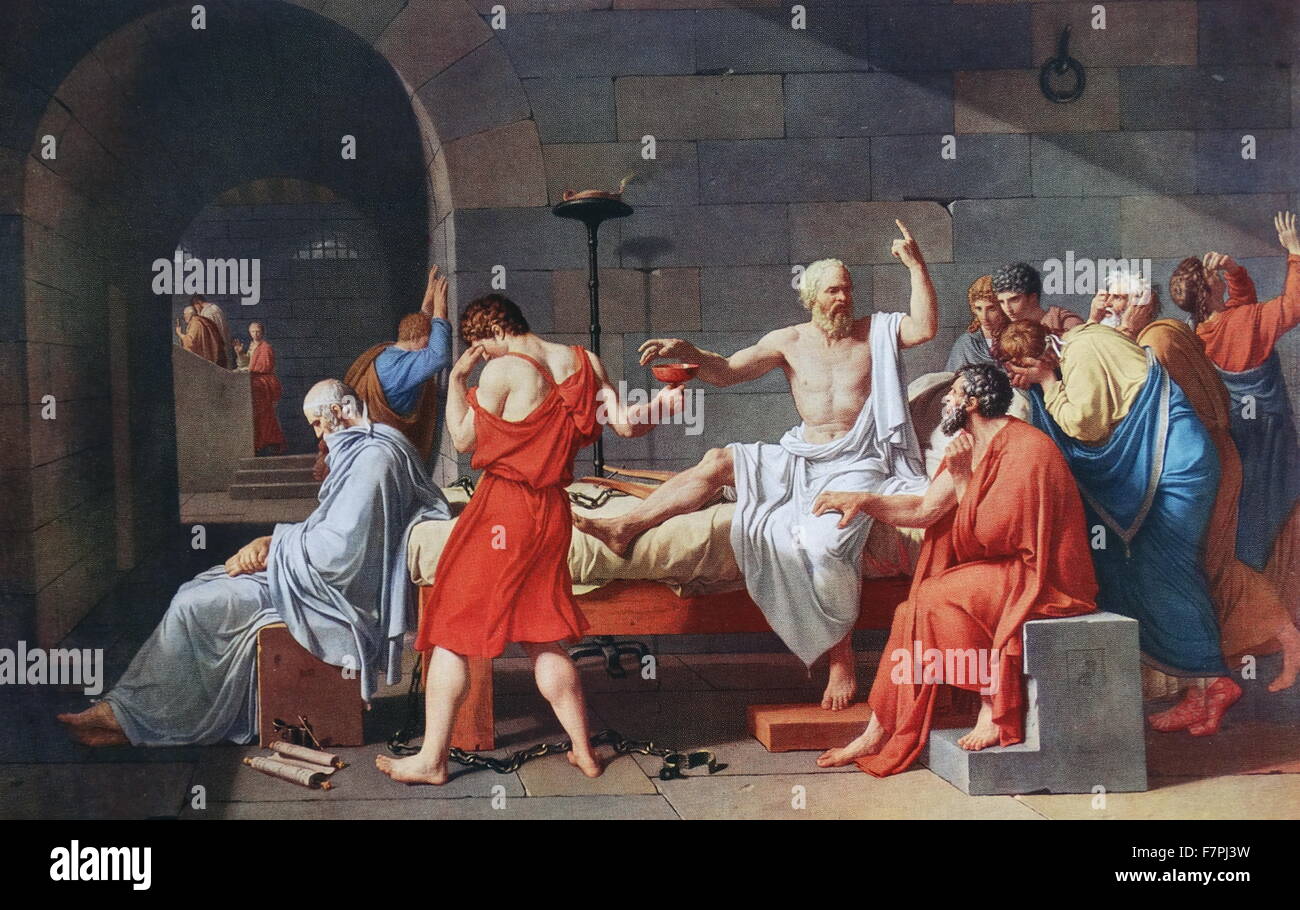 Painting titled 'The Death of Socrates' by Jacques-Louis David (1748-1825) French painter in the Neoclassical style. Dated 1787 Stock Photo