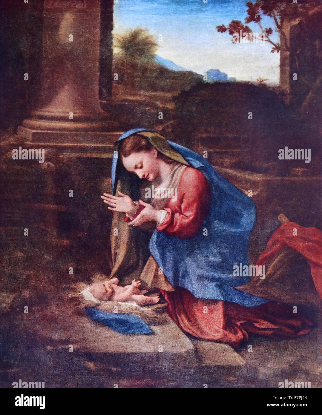Painting titled 'The Virgin Adoring the Christ Child' by Antonio da Correggio (1489-1534) painter of the Parma school of the Italian Renaissance. Dated 16th Century; Stock Photo