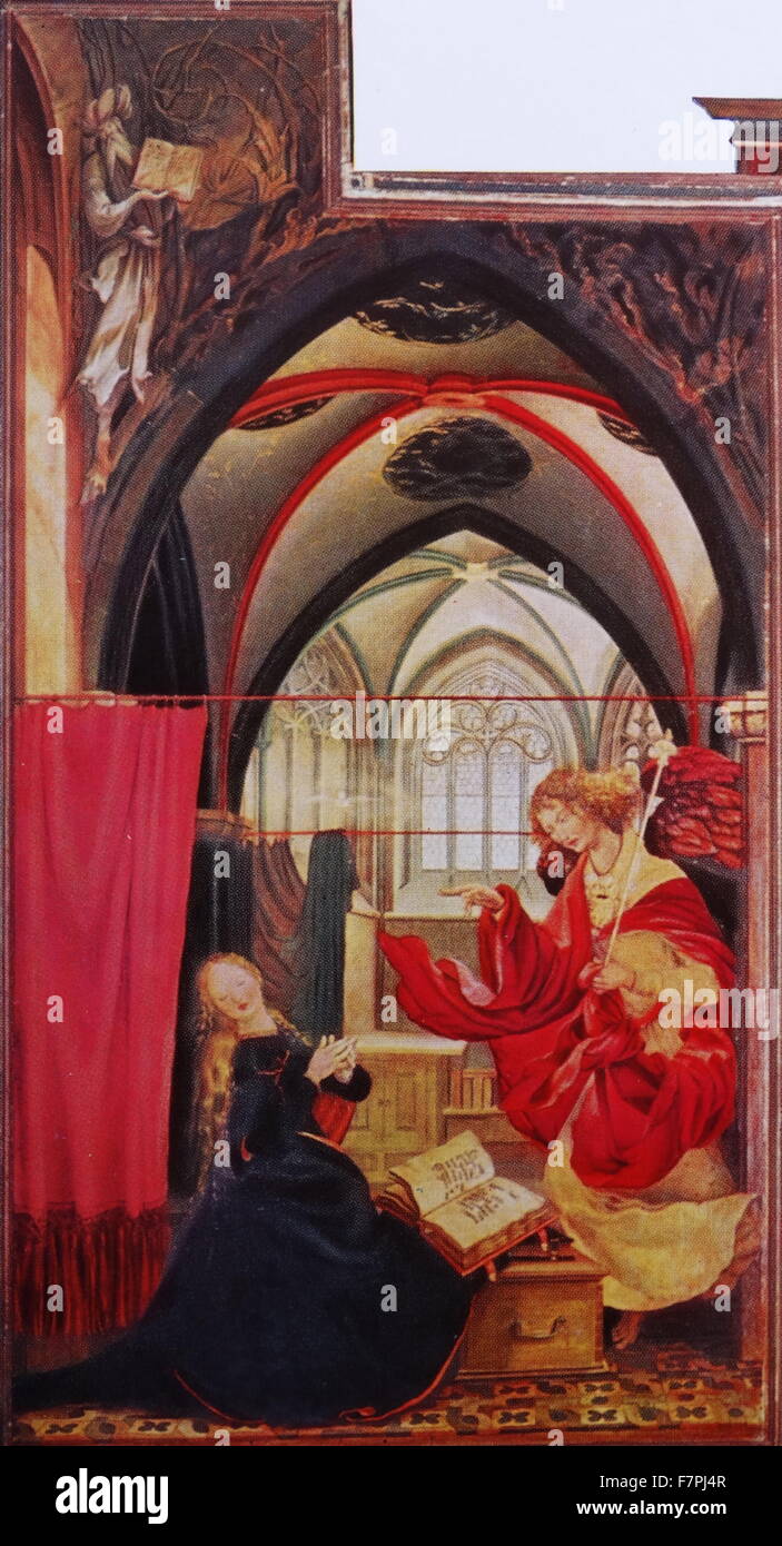 Painting titled 'The Annunciation, Virgin and Child with Angels, Resurrection, from the Isenheim Altar' by Matthias Grünewald (1470-1528) German Renaissance painter of religious works. Dated 16th Century Stock Photo