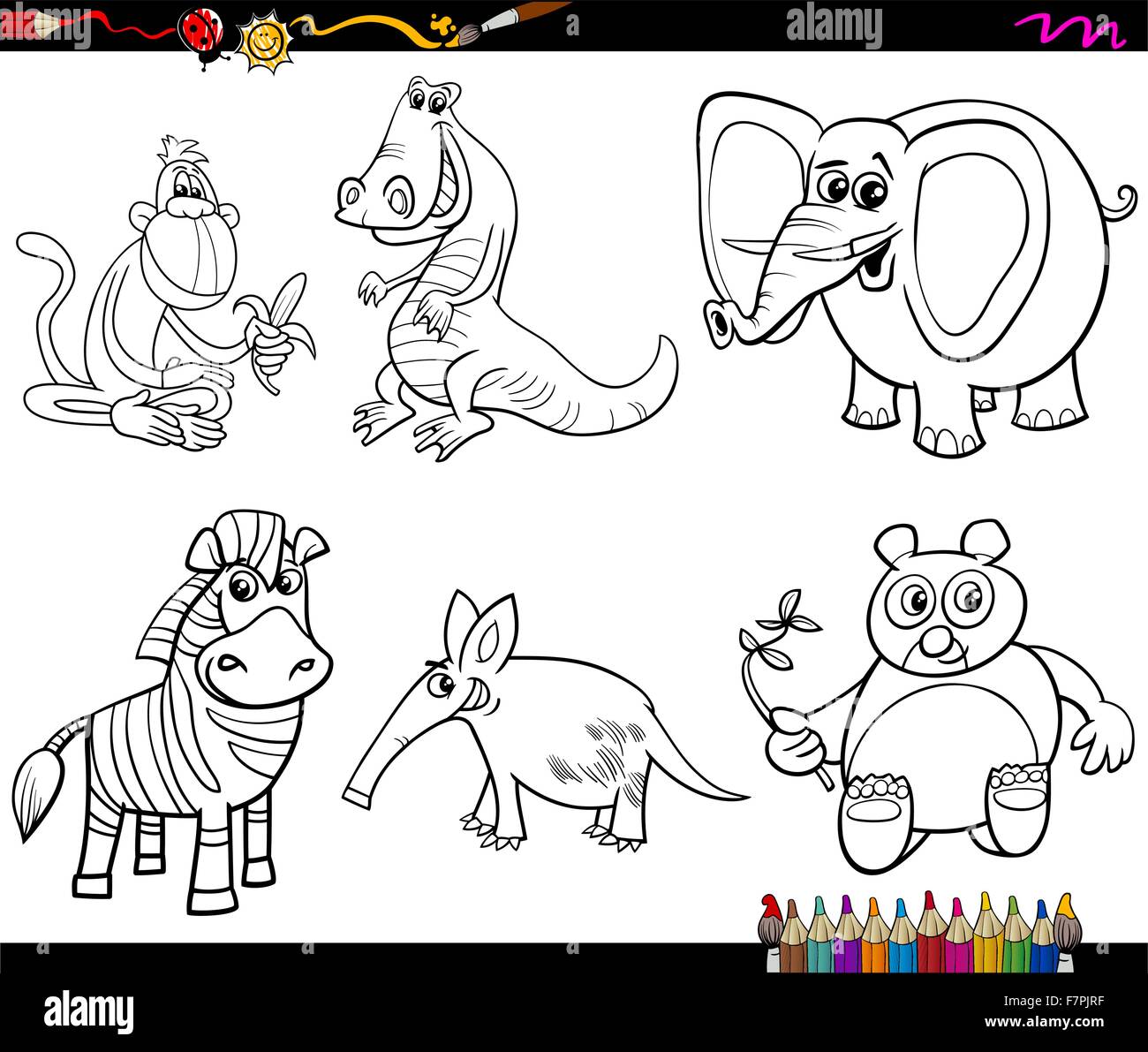 Black and White Cartoon Illustration of Wild Animal Characters Set for ...