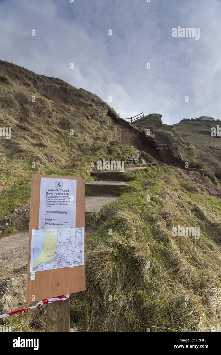 View of the storm-damaged cliffs and steps at Rhossili Bay, Gower, Swansea, Wales, pictured here in February 2014. Part of the cliff face collapsed on 22 January 2014 following erosion caused by powerful storm surges. Stock Photo