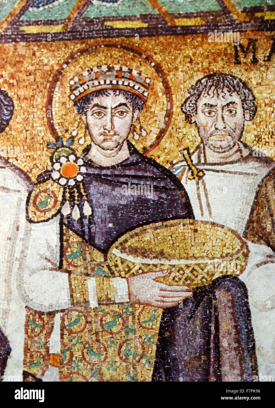 Byzantine Mosaic depicting Emperor Justinian and Attendants. Dated 6th Century Stock Photo