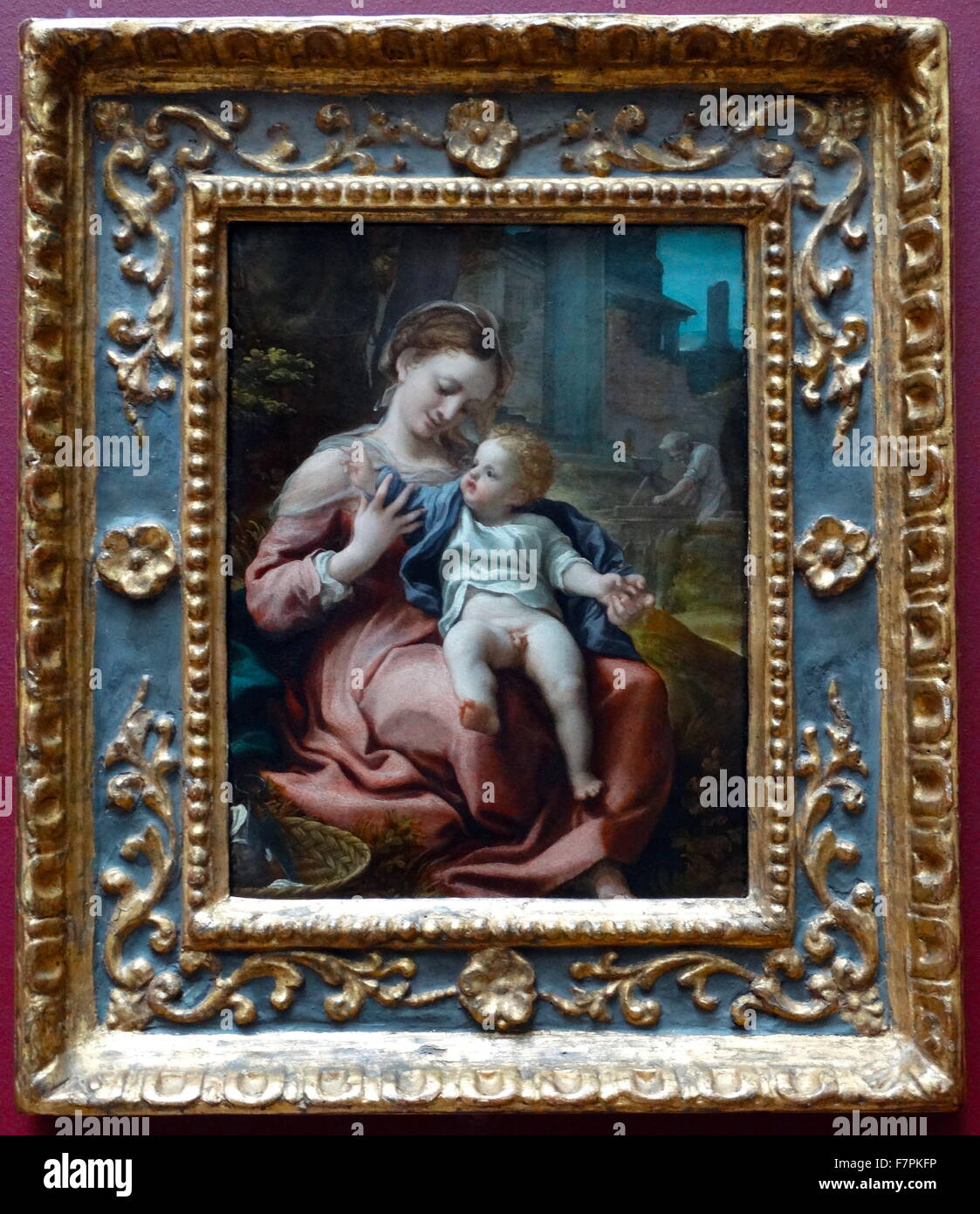 Painting titled 'The Madonna and the Basket' by Antonio da Correggio (1489-1534) painter of the Parma school of the Italian Renaissance. Dated 16th Century Stock Photo