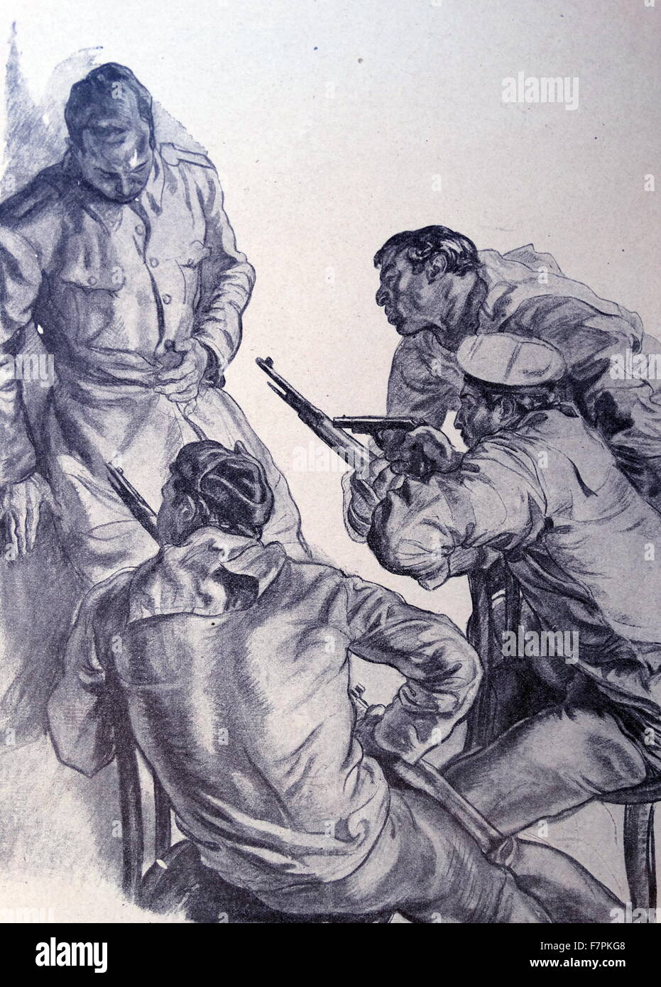 Propaganda illustration by Carlos Saenz De Tejada depicting a naval officer being shot by Republican mutineers, during the Spanish Civil War. Dated 1938 Stock Photo