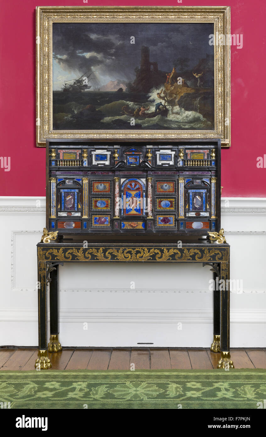 Italian pietra dure cabinet of ebony and gilt bronze in the Cabinet Room at Stourhead, Wiltshire. Stock Photo