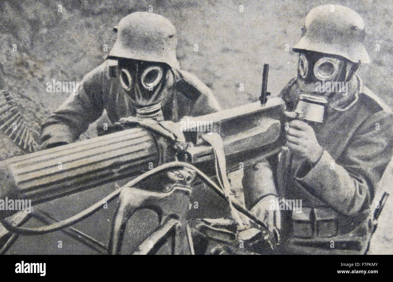 World war one: German soldiers in gas masks use a machine gun, France 1915  Stock Photo - Alamy