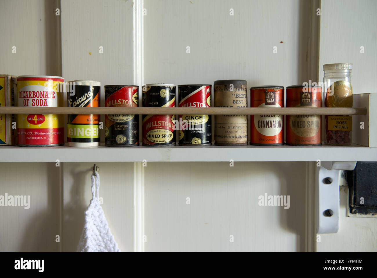 Cooking ingredients on a shelf in the kitchen at Anglesey Abbey, Gardens and Lode Mill, Cambridgeshire. Stock Photo