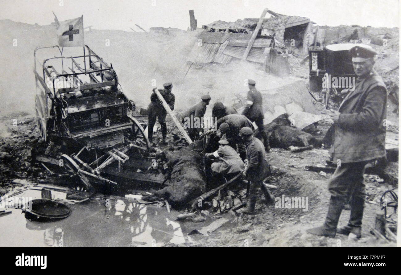 Photograph of Ambulance shattered by the explosion of a shell during World War One. Dated 1915 Stock Photo