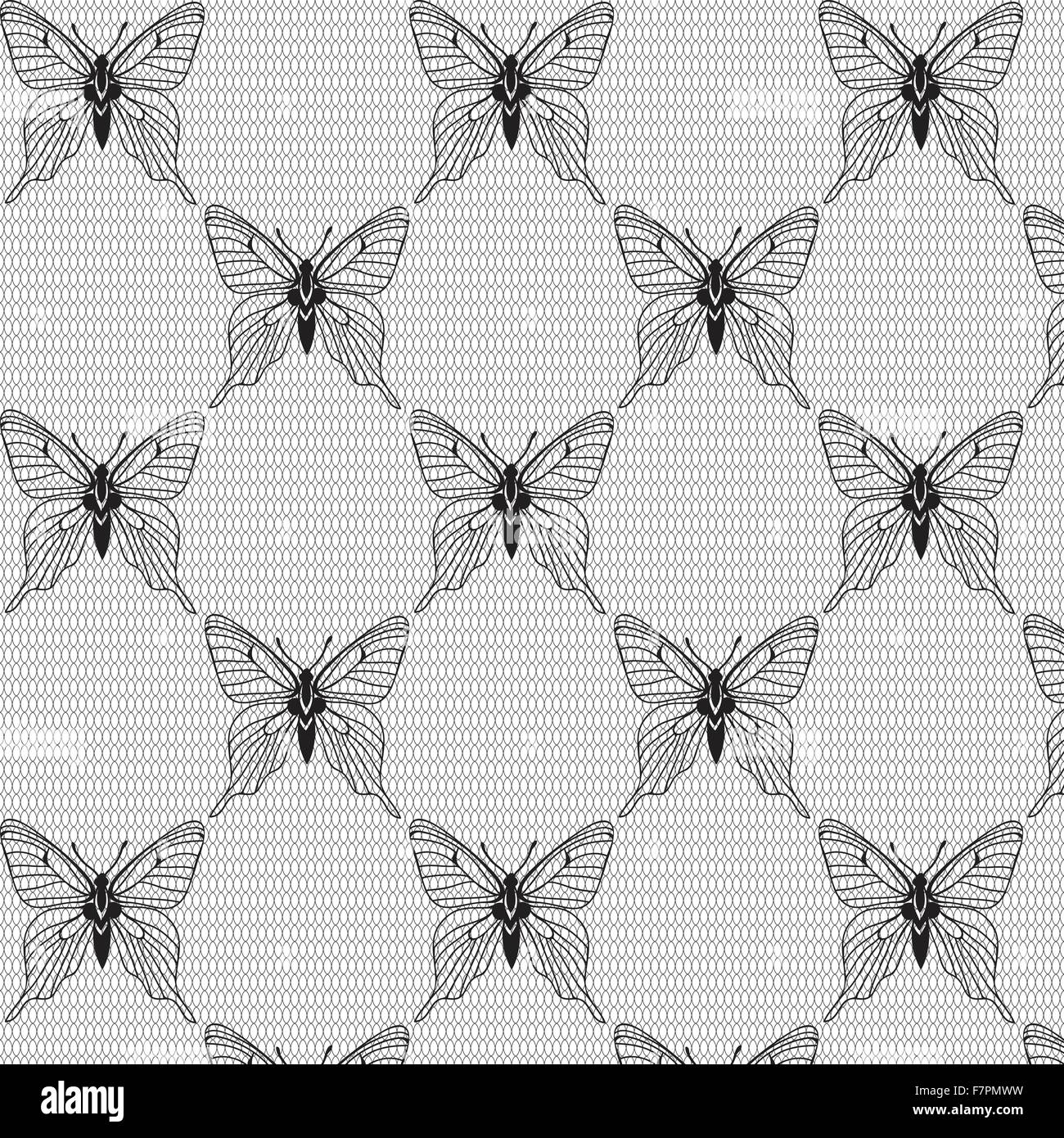 Black and white seamless  with butterflies on the voile Stock Vector