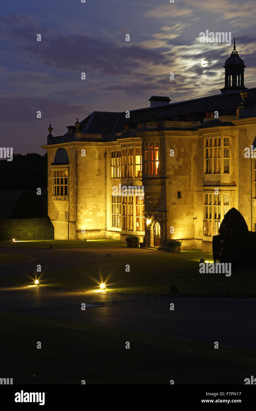Hartwell House, Buckinghamshire, floodlit at night. Hartwell House