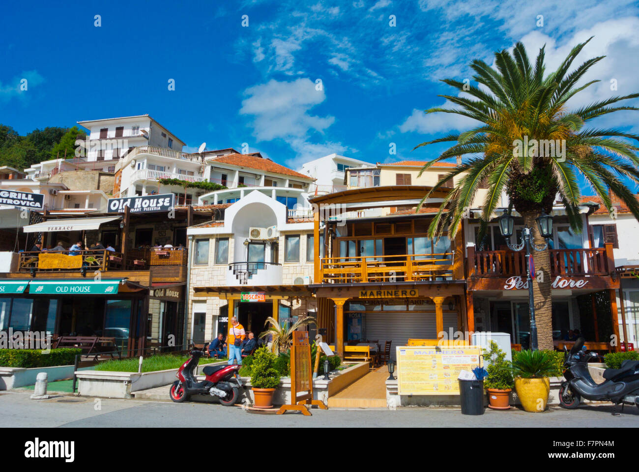 Restaurant, Mala Plaza, beachfront, Ulcinj, Ulqin, Montenegro, Crna Gora, Europe Stock Photo