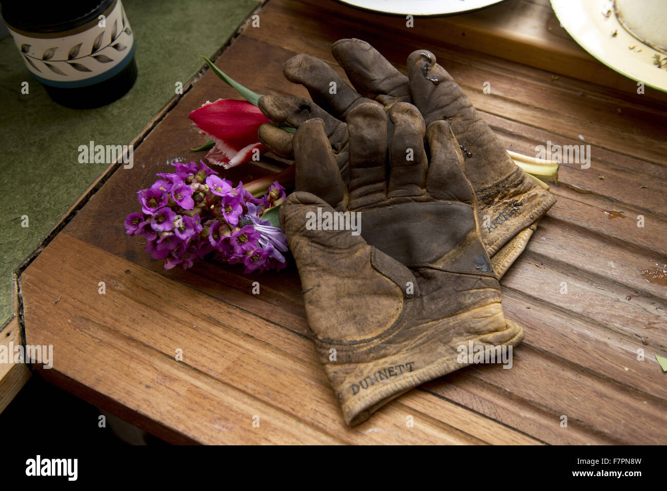 Gardening gloves at Anglesey Abbey, Gardens and Lode Mill, Cambridgeshire. Stock Photo