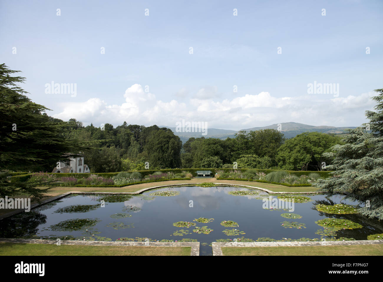 View over the Lily Pond at Bodnant Garden, Clwyd, Wales. Created by five generations of one family, Bodnant sits perfectly within its dramatic North Wales landscape. Stock Photo