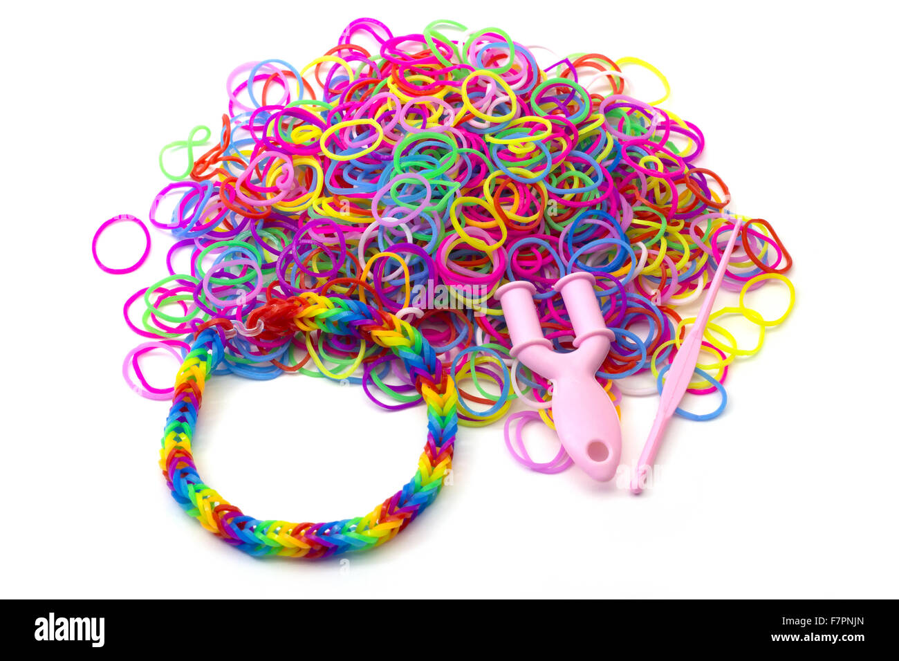 Rainbow loom Colored rubber bands for weaving accessories Stock Photo