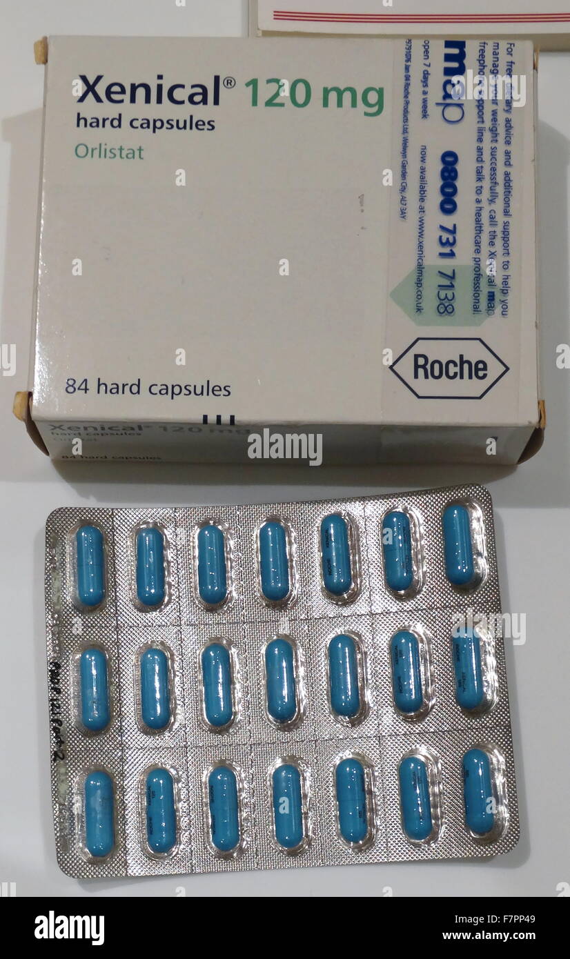 Xenical (Orlistat), the most common prescription drug for obesity in Britain. Stock Photo