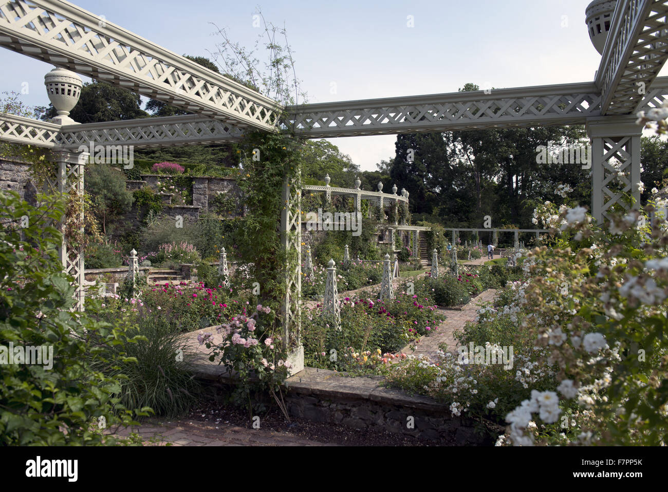 The Lower Rose Terrace in July at Bodnant Garden, Clwyd, Wales. Created by five generations of one family, Bodnant sits perfectly within its dramatic North Wales landscape. Stock Photo