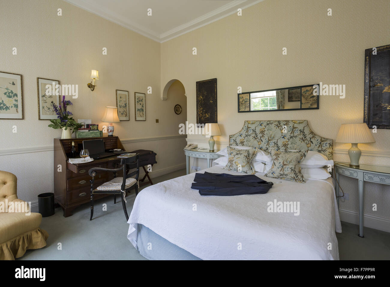 Bedroom at Middlethorpe Hall Hotel, Restaurant and Spa, North Yorkshire. Middlethorpe is a William and Mary house, built in 1699, set in manicured gardens and parkland. Stock Photo