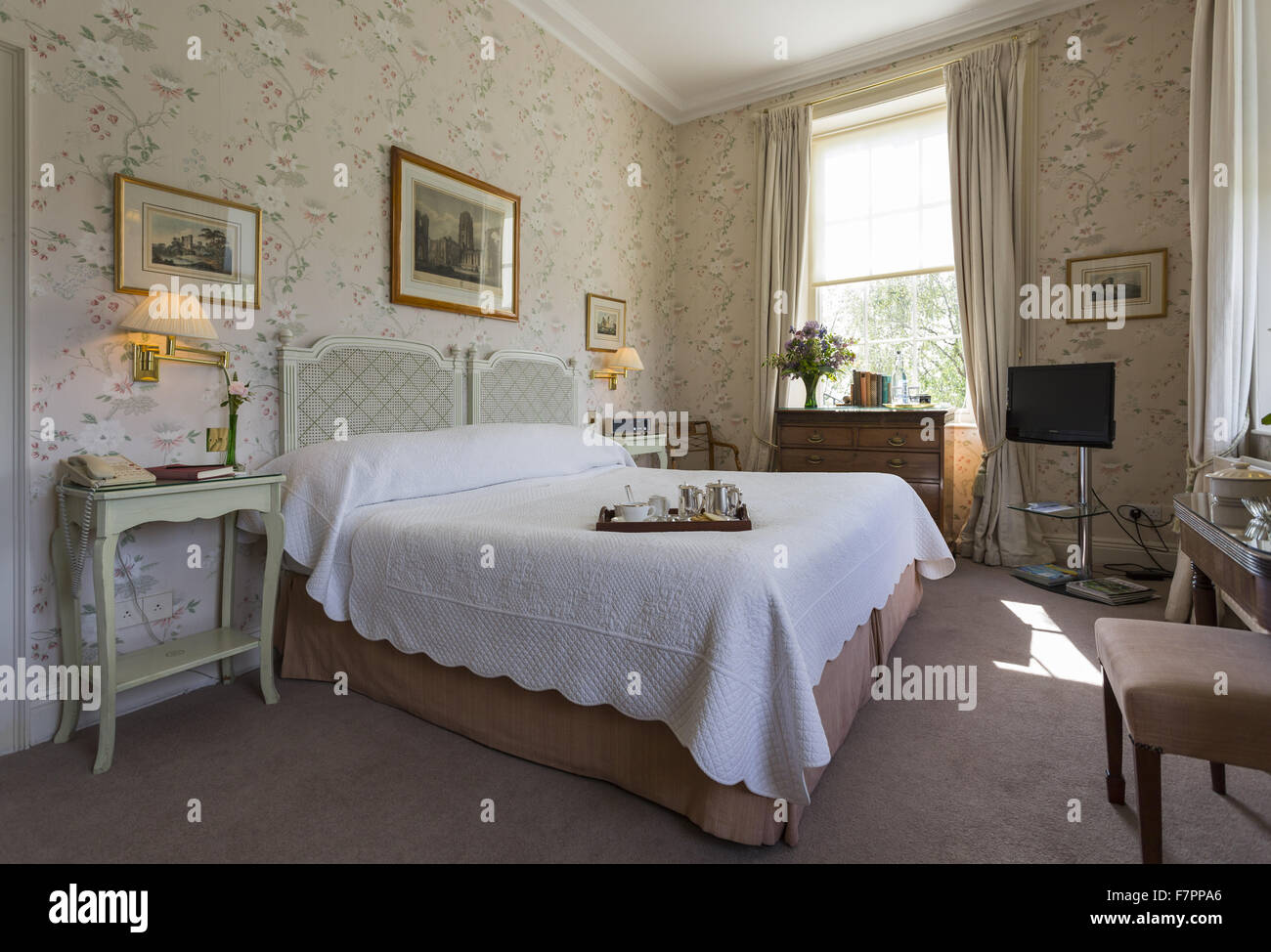 Bedroom at Middlethorpe Hall Hotel, Restaurant and Spa, North Yorkshire. Middlethorpe is a William and Mary house, built in 1699, set in manicured gardens and parkland. Stock Photo