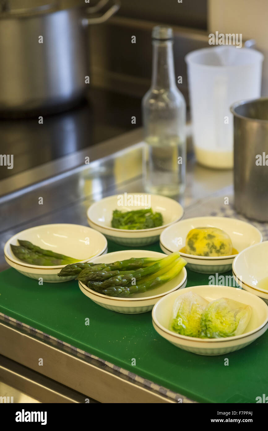 Food waiting to be taken to the restaurant at Middlethorpe Hall Hotel, Restaurant and Spa, North Yorkshire. Middlethorpe is a William and Mary house, built in 1699, set in manicured gardens and parkland. Stock Photo