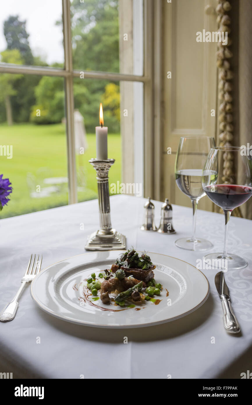 Food in the restaurant at Middlethorpe Hall Hotel, Restaurant and Spa, North Yorkshire. Middlethorpe is a William and Mary house, built in 1699, set in manicured gardens and parkland. Stock Photo