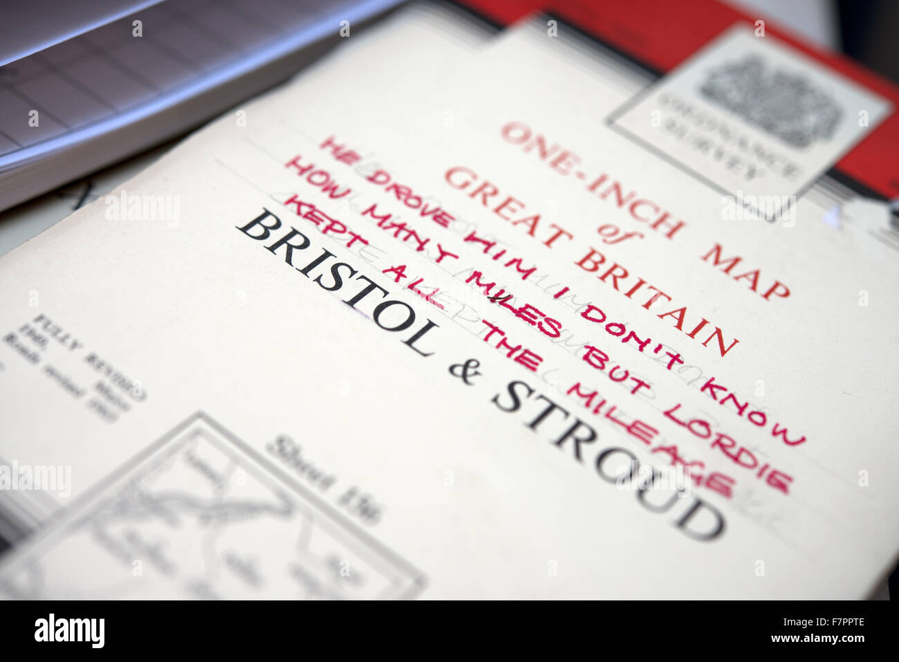 Hand-annotated map of Bristol & Stroud at Anglesey Abbey, Cambridgeshire. Stock Photo