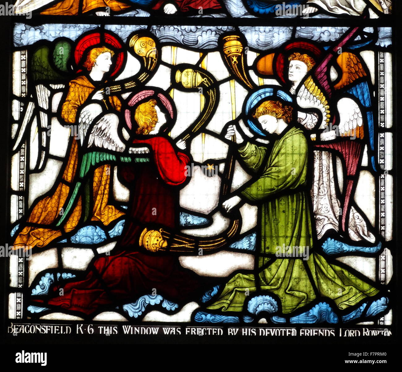 Stained glass window at St Michael and All Angels Anglican church, in Hughenden, Buckinghamshire, England. The window depicts angels with incense censors. Hughenden is closely associated with the nearby Hughenden Manor and the former Prime Minister of the United Kingdom, Benjamin Disraeli who is buried in the churchyard. Stock Photo