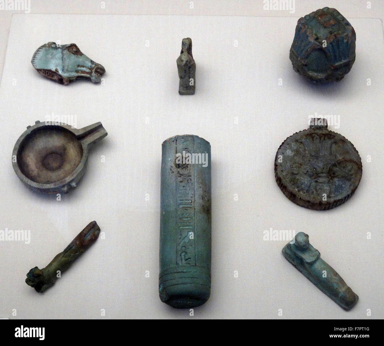 Miscellaneous faience objects from the Late Period or Graeco-Roman. Dated after 600 BC Stock Photo