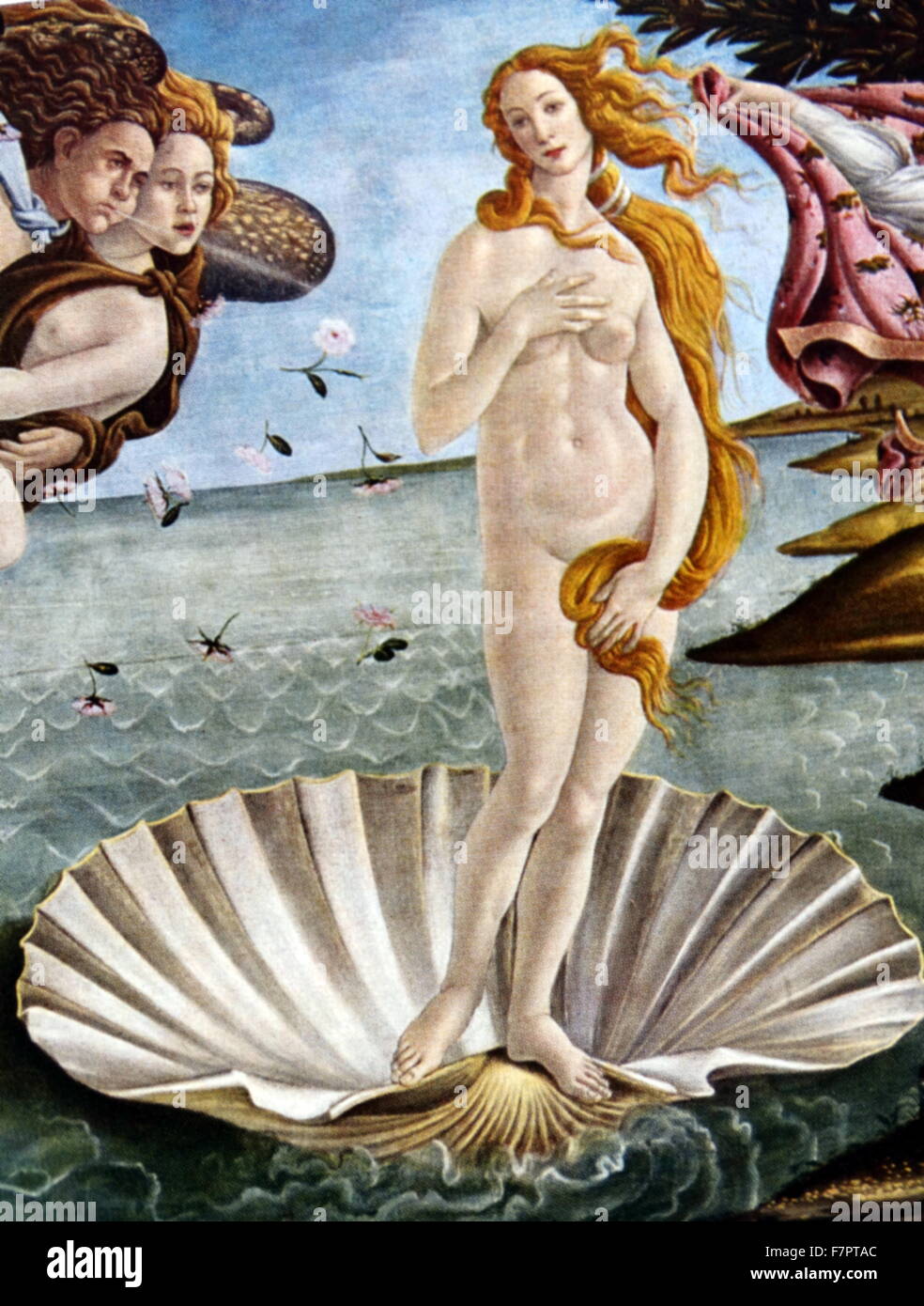 The Birth of Venus (detail);by Sandro Botticelli;Italian painter, circa 1445 - 1510. He belonged to the early renaissance, Florentine School under the patronage of Lorenzo de' Medici. The Birth of Venus (Nascita di Venere) by Sandro Botticelli generally thought to have been painted in the mid 1480s. It depicts the goddess Venus, having emerged from the sea as an adult woman, arriving at the shore. Stock Photo