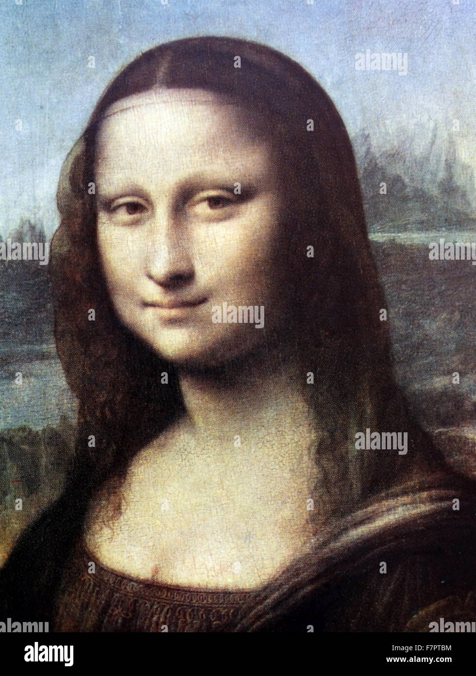 Detail from the Mona Lisa or La Gioconda or La Joconde, by the Italian artist Leonardo da Vinci, 1452 – 1519. The painting, thought to be a portrait of Lisa Gherardini, the wife of Francesco del Giocondo, is in oil on a white Lombardy poplar panel, and is believed to have been painted between 1503 and 1506. Stock Photo