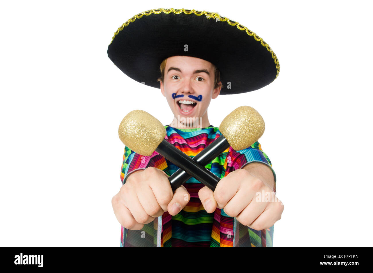 Funny young mexican shaking maracas isolated on white Stock Photo Alamy