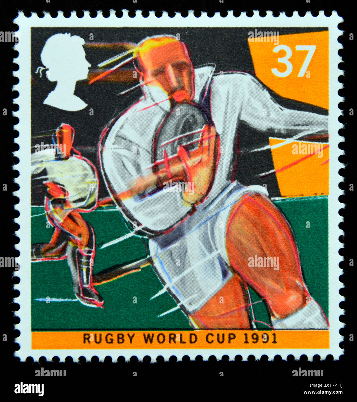 Postage stamp. Great Britain. Queen Elizabeth II. 1991. World Cup Rugby Championship, London. 37p. Stock Photo