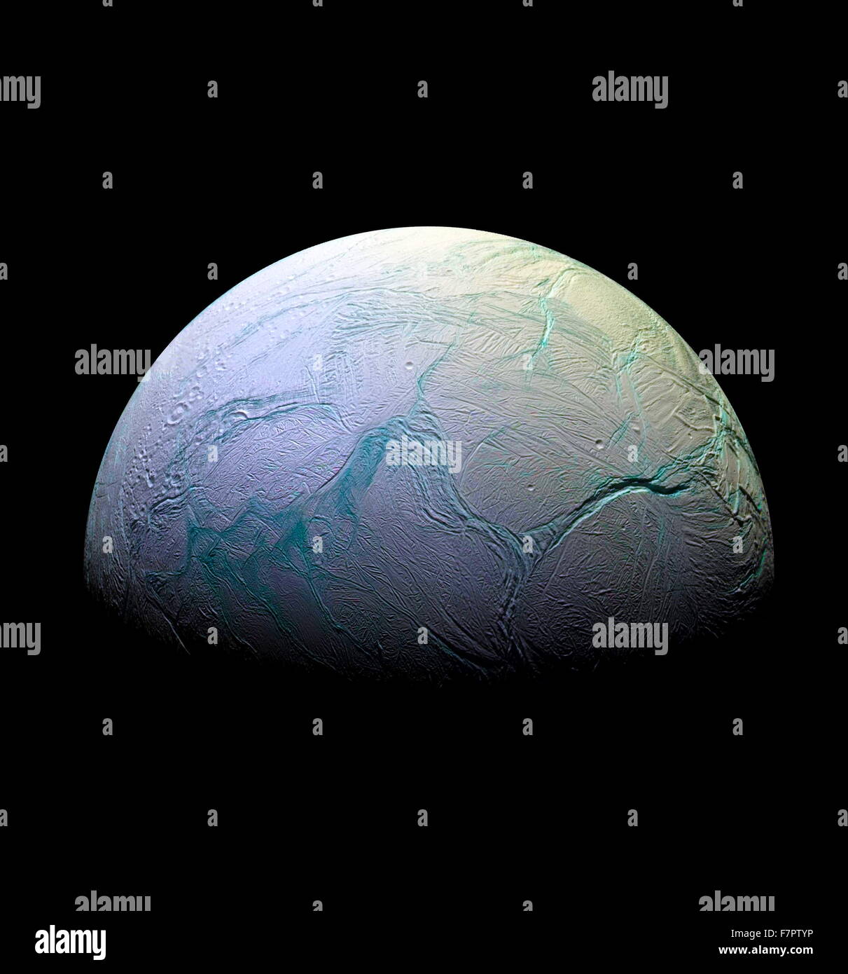 Photograph of Enceladus, the sixth-largest moon of Saturn. Dated 2015 Stock Photo