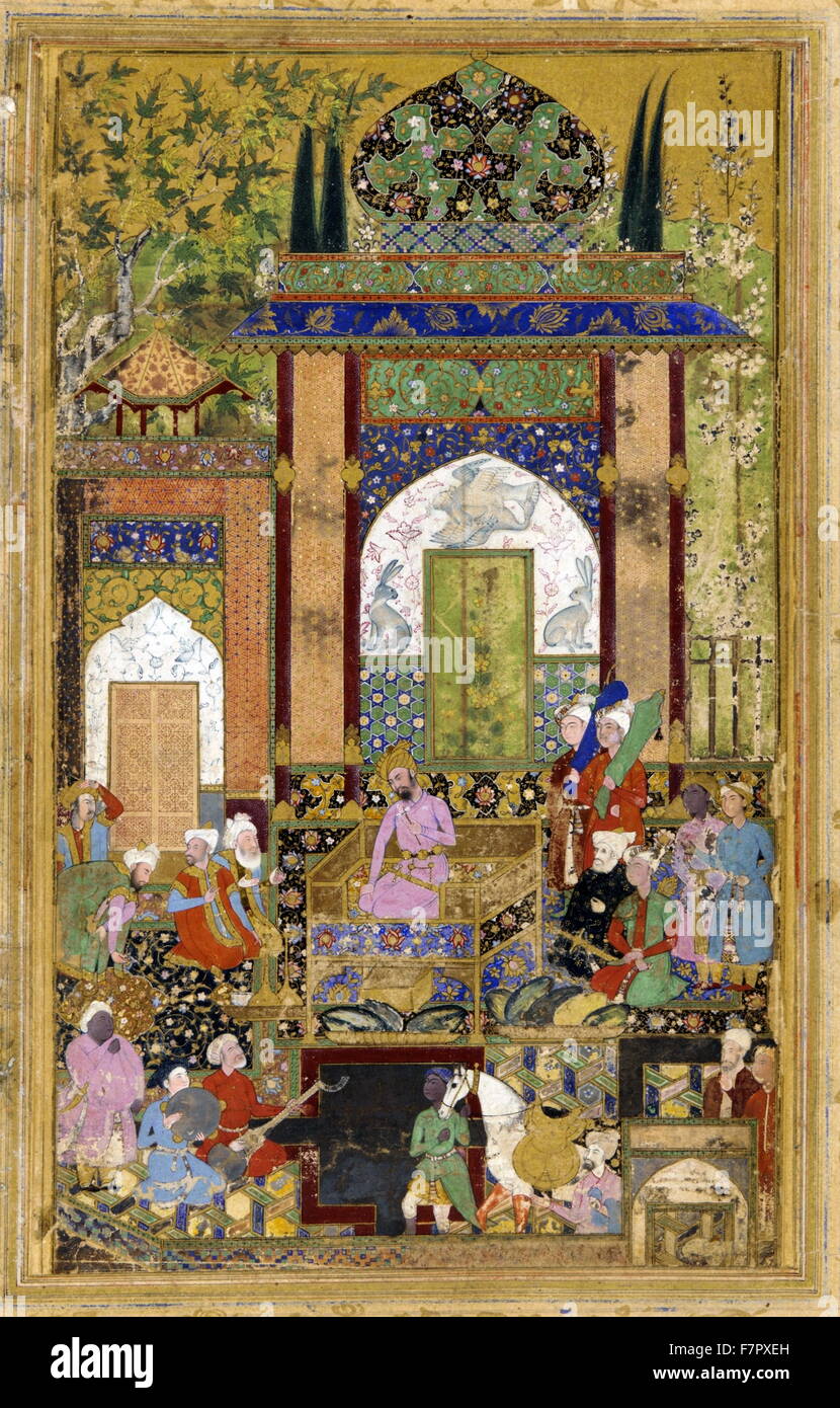 Babur holding Court, 1589. Babur (1483 – 1530), conqueror from Central Asia who, succeeded in laying the basis for the Mughal dynasty in the Indian subcontinent and became the first Mughal emperor. Stock Photo