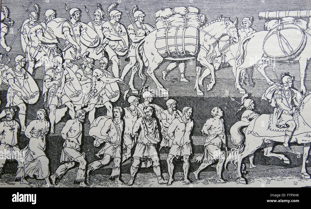 Goth prisoners in a triumphal procession of Emperor Theodosius. Theodosius I (Latin: Flavius Theodosius Augustus;( 347 – 395), also known as Theodosius the Great, was Roman Emperor from AD 379 to AD 395. Theodosius was the last emperor to rule over both the eastern and the western halves of the Roman Empire. On accepting his elevation, he campaigned against Goths and other barbarians who had invaded the Empire;he failed to kill, expel, or entirely subjugate them, and after the Gothic War they established a homeland south of the Danube, in Illyricum, within the empire's borders. Stock Photo