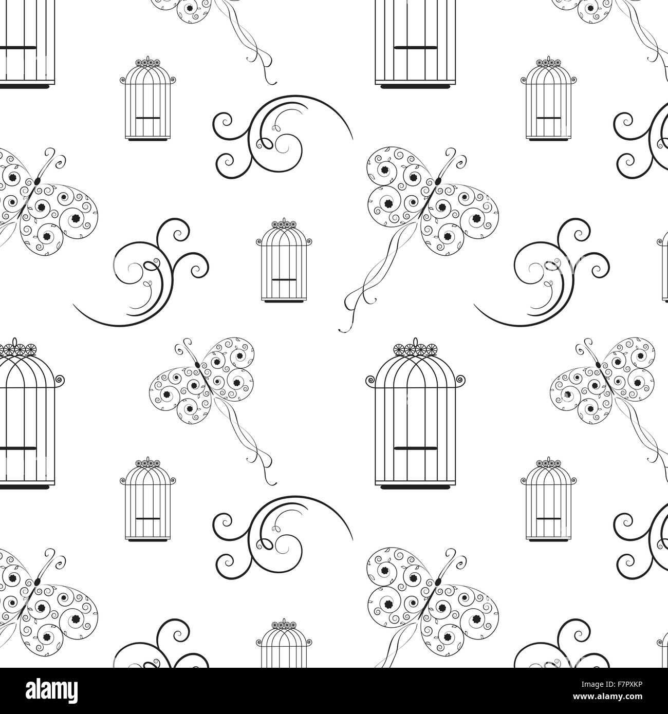 Seamless black and white pattern from tree branches, butterflies and bird cages Stock Vector