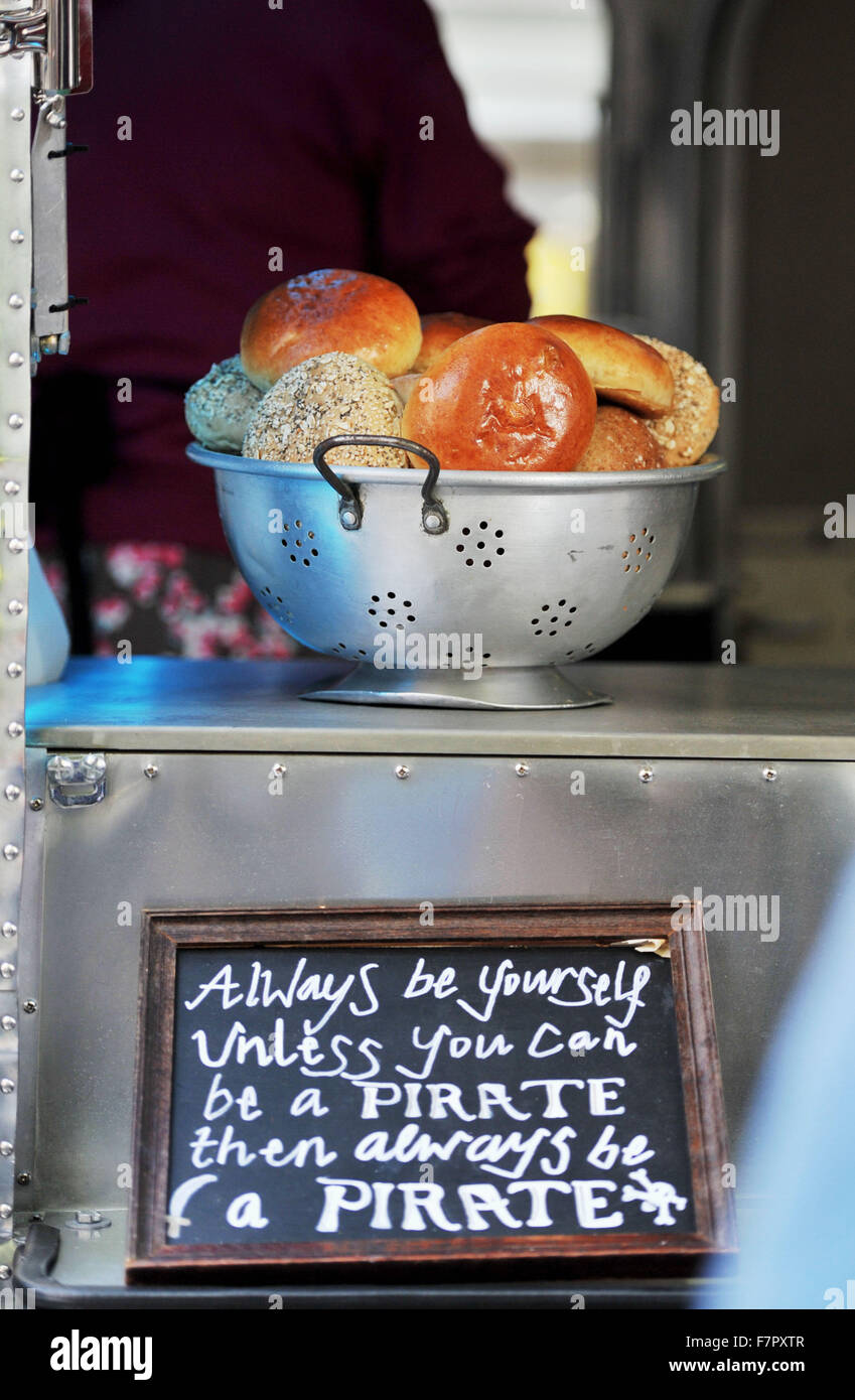 The Street Food Rocks competition held in Cliffe High Street Lewes Bread rolls in a colander