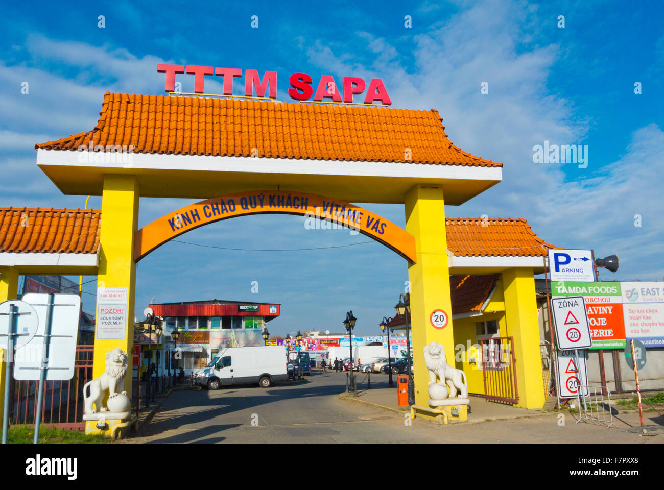 Main gate, SAPA, the Vietnamese market, Libus, Prague, Czech Republic Stock Photo