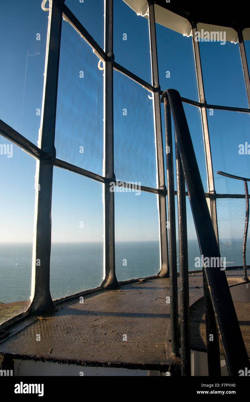 Lundy 'Old Light' the island's original lighthouse, now retired. View out to sea from the lantern room Stock Photo