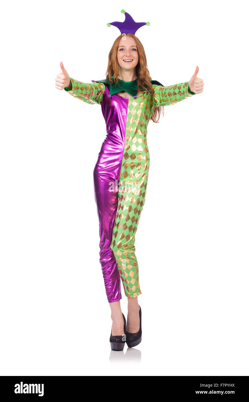 Woman wearing clown costume isolated on white Stock Photo - Alamy