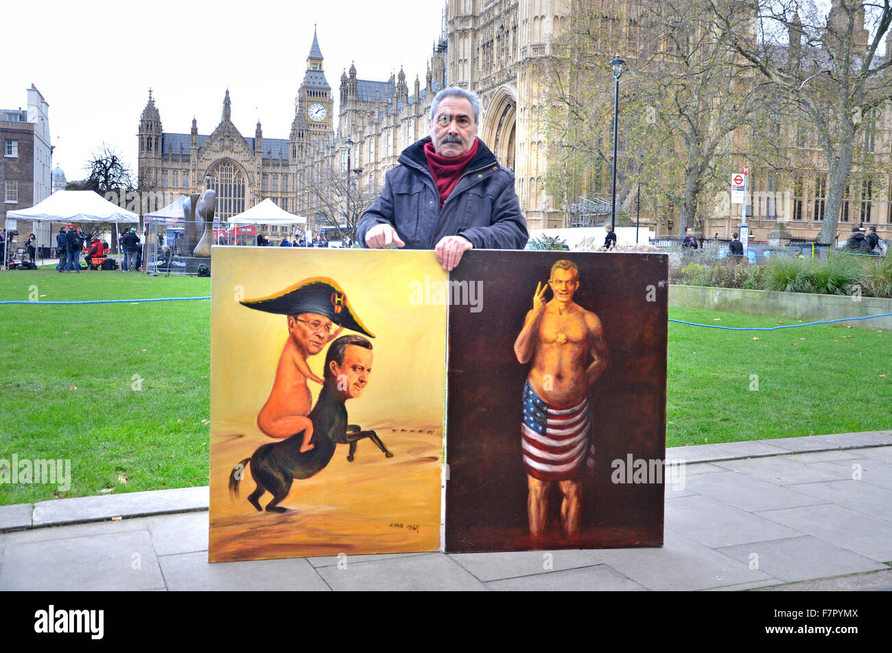 London, UK. 2nd December, 2015. The world's media and a small number of protesters gather on College Green opposite the Houses of Parliament as MPs debate the bombing of ISIS in Syria. Satirical artist Kaya Mar with two of his 'warmonger' paintings Credit:  PjrNews/Alamy Live News Stock Photo